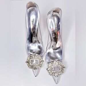 Good American Clear Rhinestone Buckle Pumps